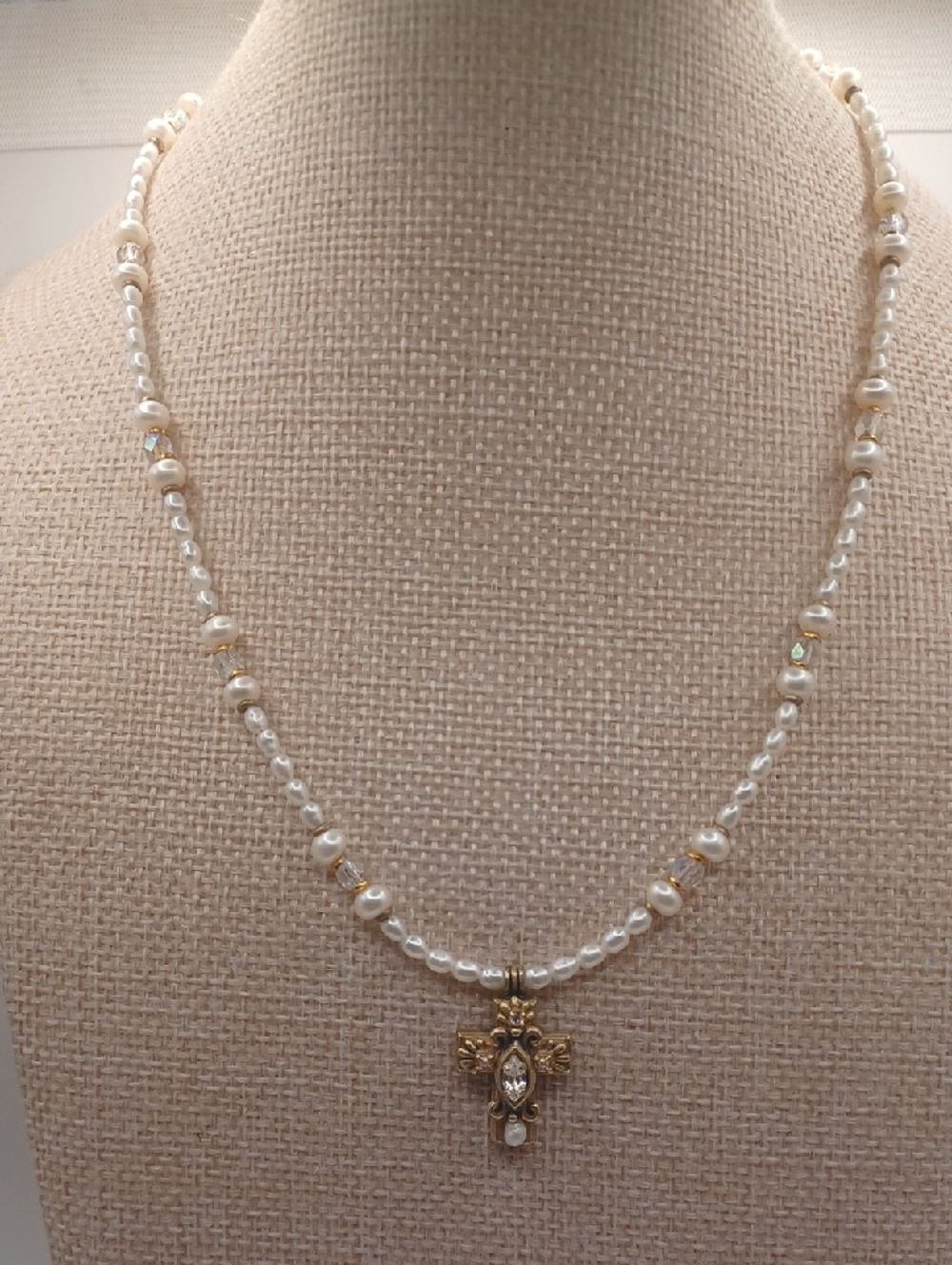 Michal Golan Pearl and Crystal Necklace with 24k EP Gold Cross Pendant - Picture 6 of 7